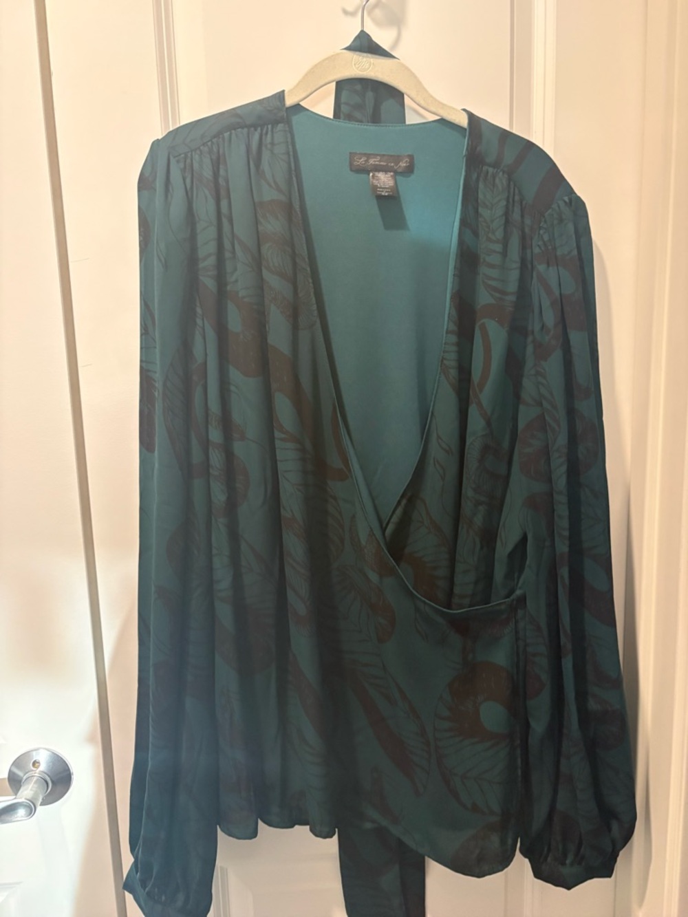 Wrap-Front Long-Sleeve Blouse in Teal Green by